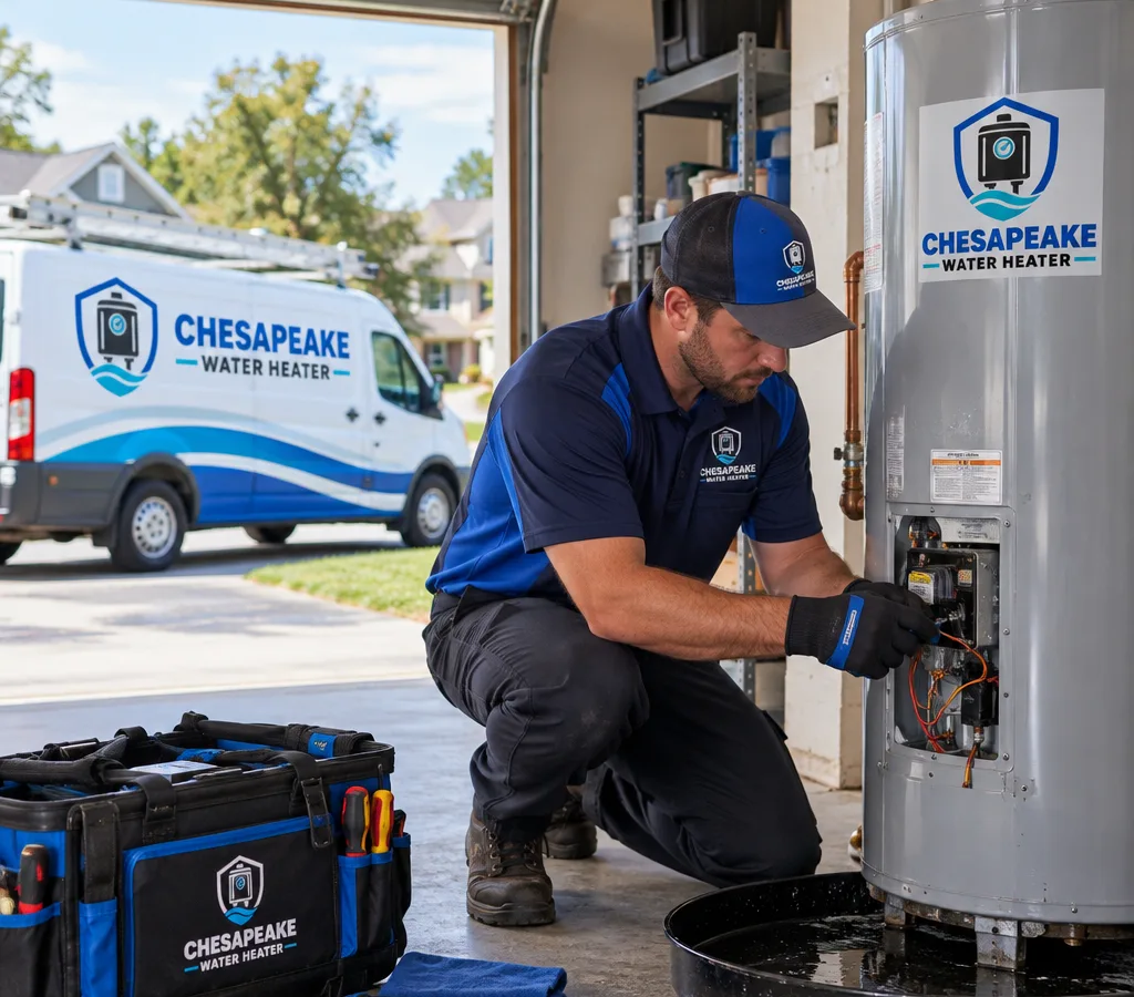 Technician troubleshooting a residential water heater in a Chesapeake utility room