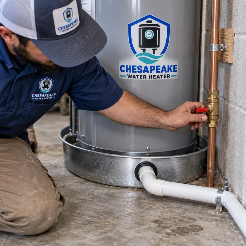 Water heater drain pan with a properly routed drain line, clean piping, and clear shutoff access