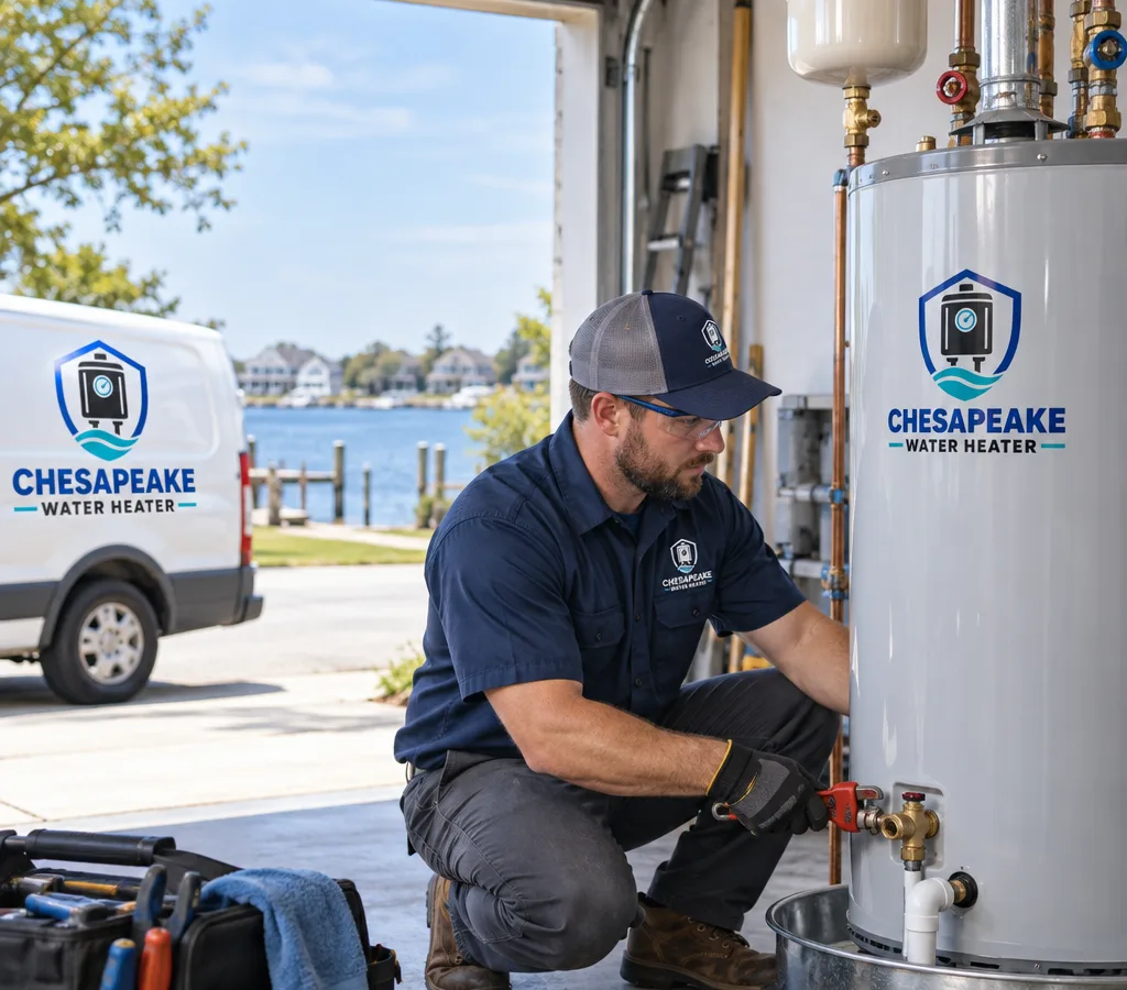 A technician installing a standard tank water heater in a residential utility space with shutoff valves and a drain pan visible