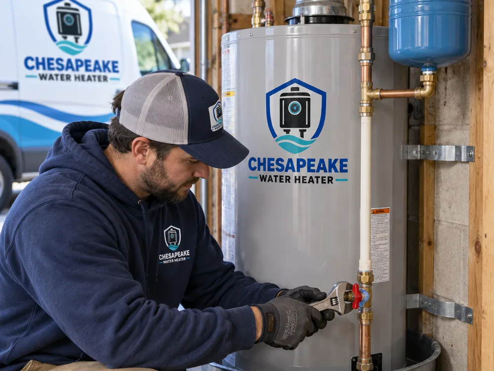 Close-up of a newly installed water heater with a shutoff valve, secure connections, venting, and a drained installation pan