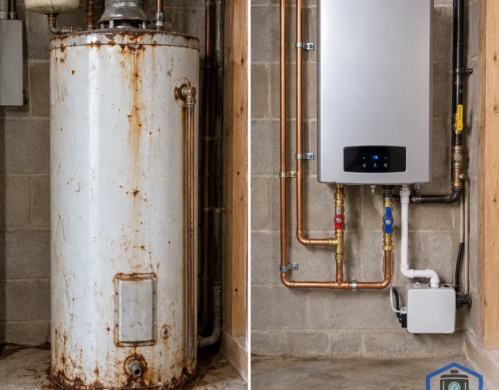 An older corroded storage tank water heater beside a newly installed tankless unit with updated shutoffs and tidy piping