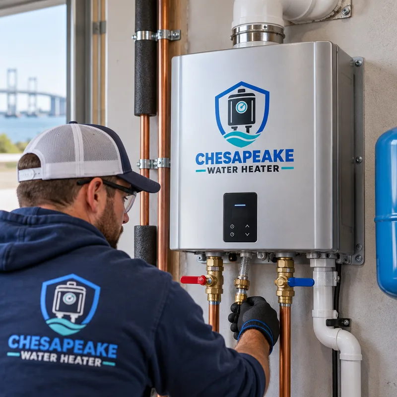 Close-up of a correctly installed tankless water heater showing isolation valves, flushing service ports, a clean vent connection, and a condensate drain line
