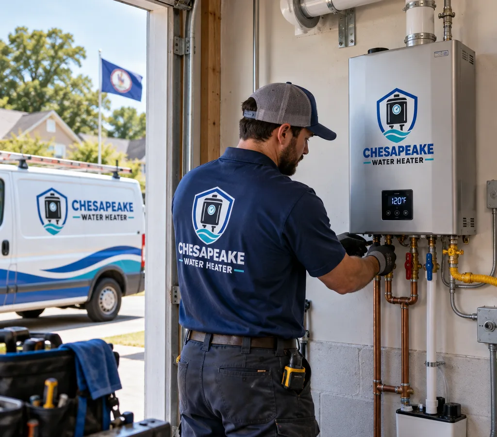 A plumber installing a wall-hung tankless water heater in a Chesapeake home utility room with isolation valves, condensate drainage, and venting visible