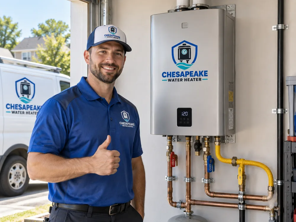 Wall-mounted gas tankless water heater on a garage wall with neatly strapped piping, labeled shutoffs, and code-appropriate venting