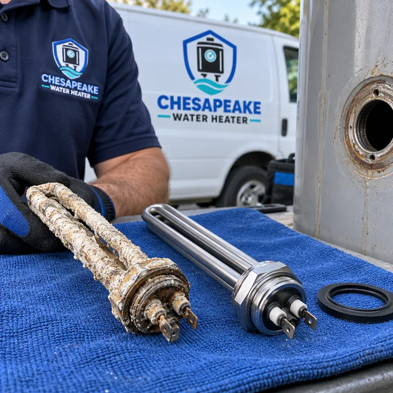 Removed water heater element with mineral buildup beside a new replacement element and gasket on a clean work mat