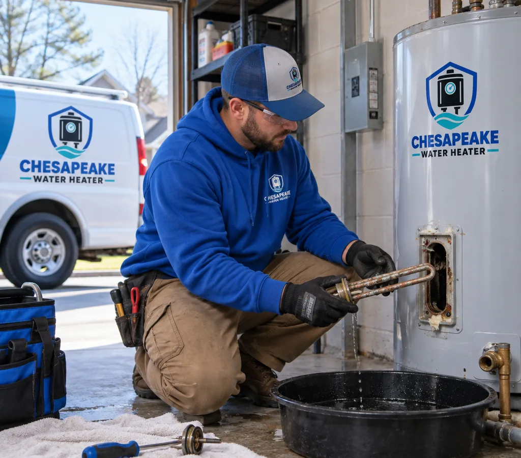 Technician replacing an electric water heater heating element with the power off and a drain pan below in a residential utility area