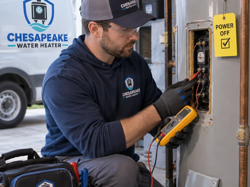 Technician inspecting a water heater access panel and thermostat with a multimeter after confirming the power is off