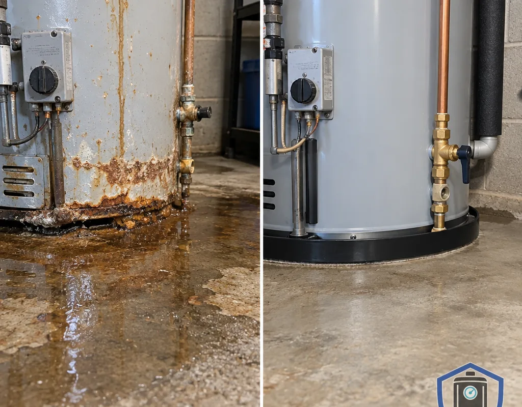Before and after view of pooled water and corrosion at a water heater base, followed by a dry repaired area