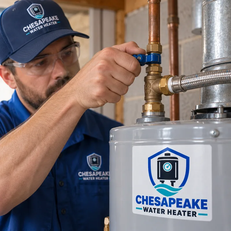 Technician turning the cold-water shutoff valve above a water heater