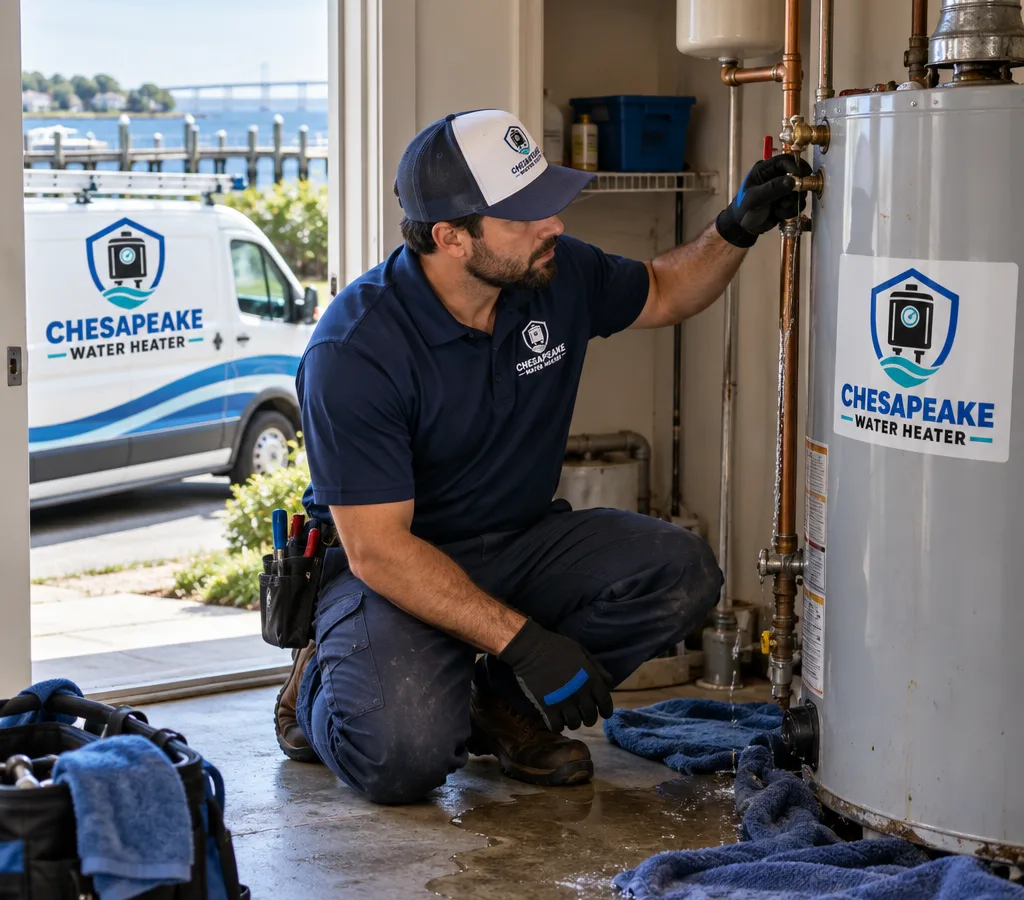 Plumber inspecting a leaking water heater, its connections, and shutoff valve in a residential utility closet