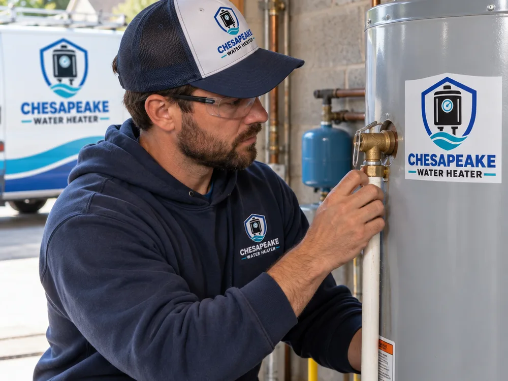 Technician examining a water heater temperature and pressure relief valve and discharge pipe