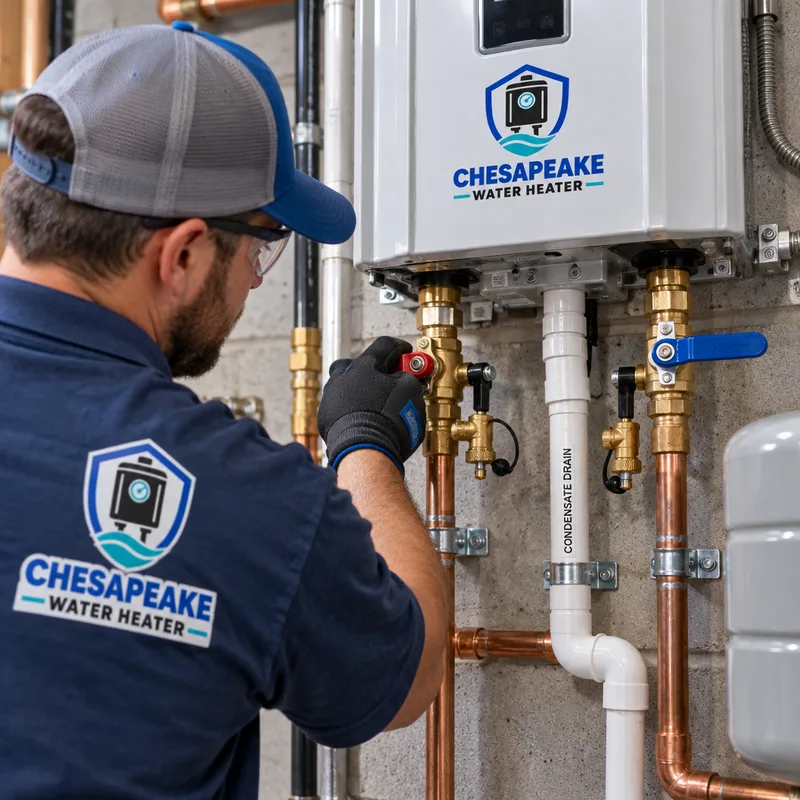 A properly piped commercial tankless unit showing isolation valves, purge ports, and a clean condensate drain line for a condensing model
