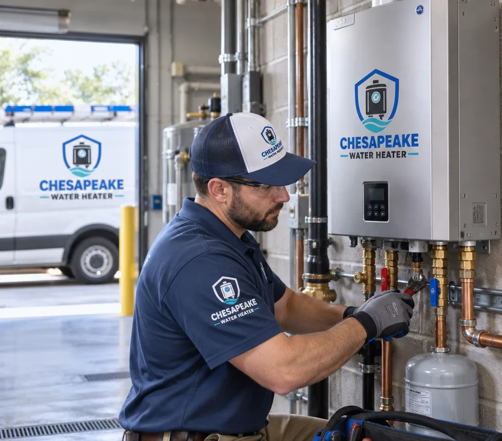 A licensed technician working on a wall-hung commercial tankless water heater in a mechanical room, with isolation valves and service ports visible