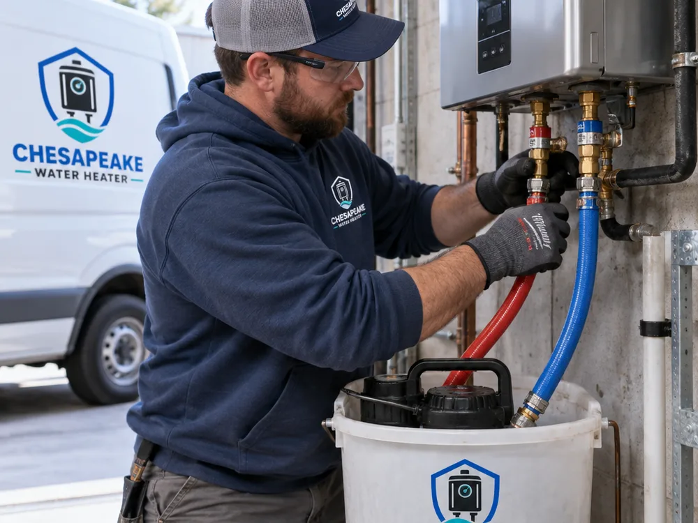 Close-up of a technician connecting hoses to tankless service ports for flushing and descaling, with a pump bucket setup in a commercial utility area