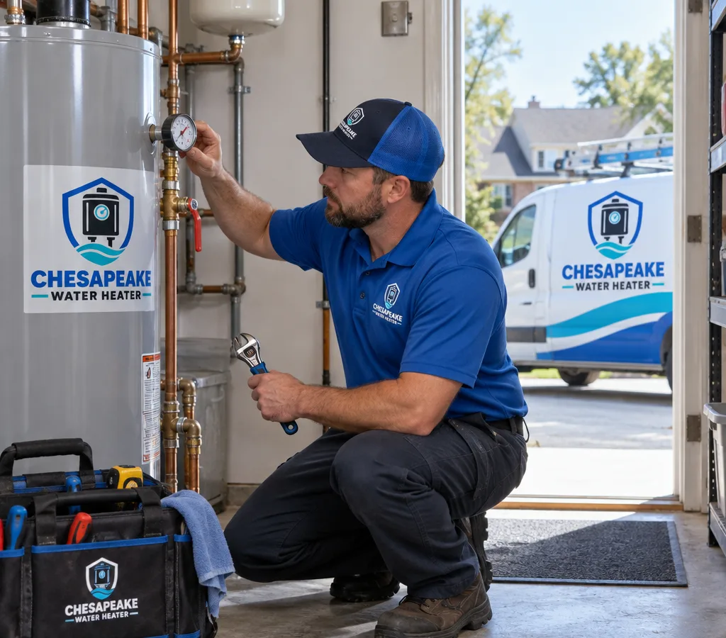 Technician inspecting a residential water heater with gauges and hand tools in a clean mechanical room