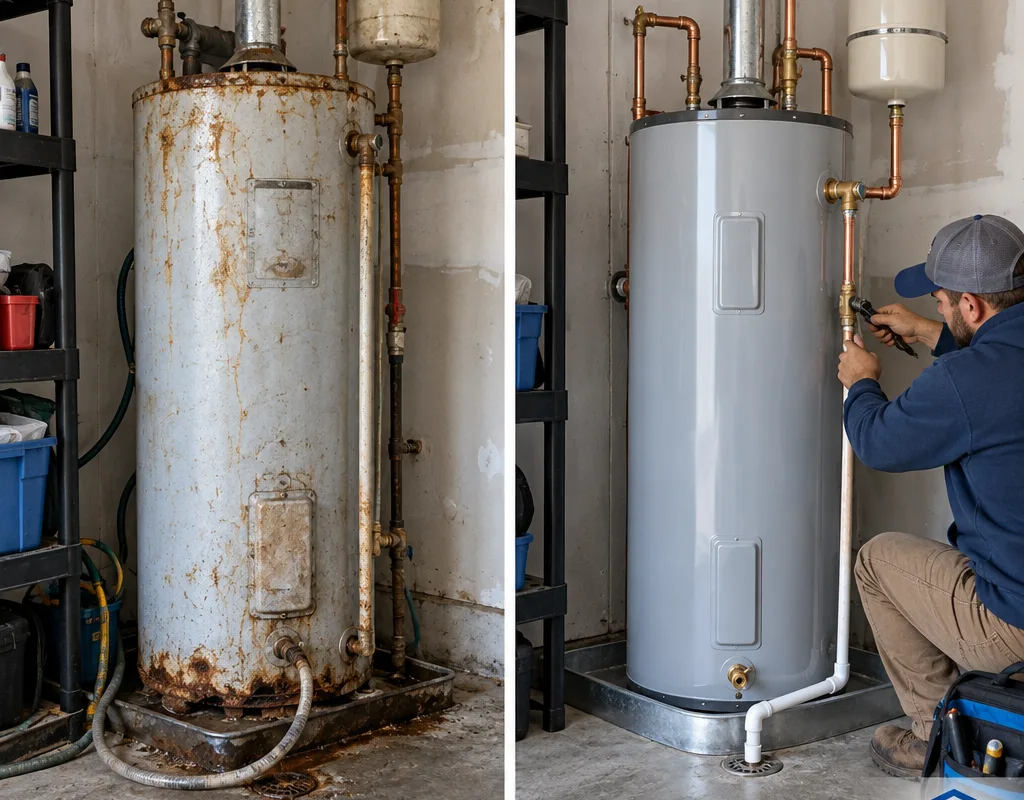 Before-and-after view showing corroded water-heater fittings and cluttered drainage replaced by a new heater with tidy lines and properly routed discharge