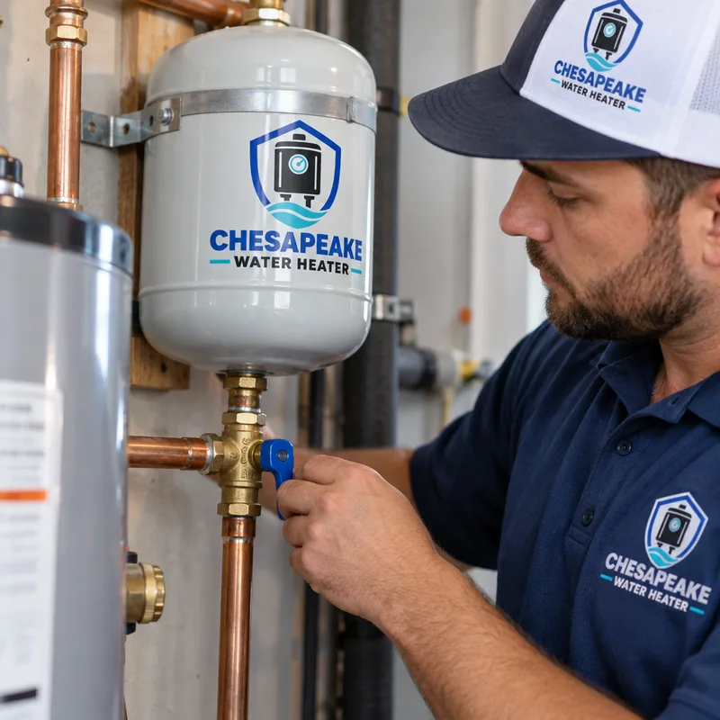 Cleanly mounted thermal expansion tank and supported water-heater piping with neat strapping and an accessible shutoff