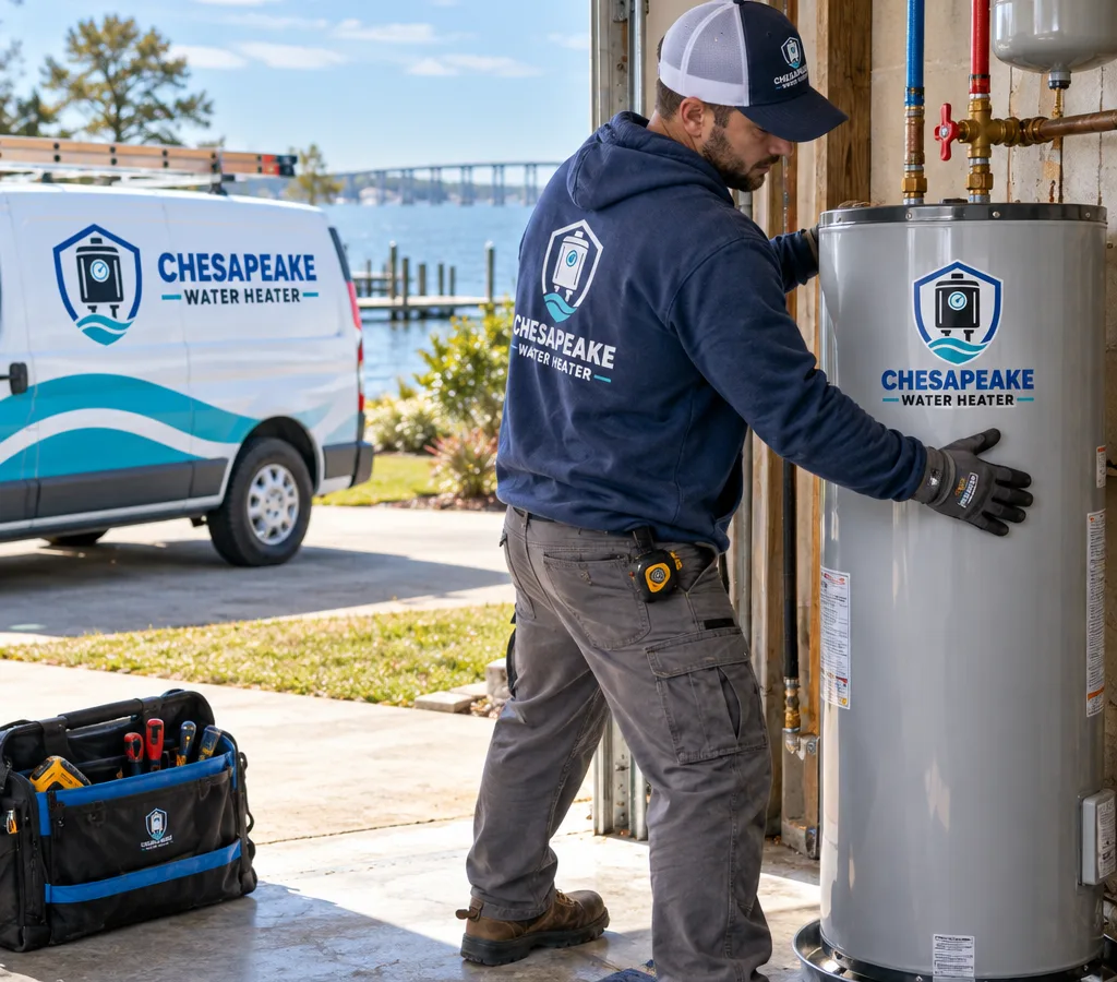 Technician positioning a new water heater in a residential utility area with a visible shutoff valve and neatly routed water lines