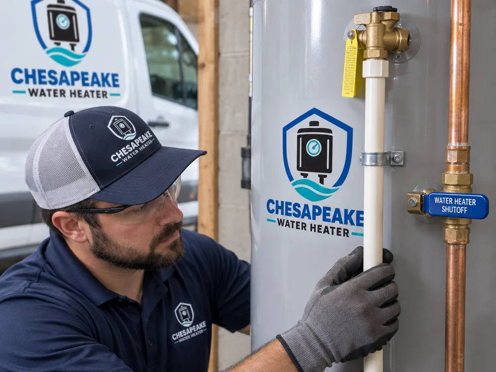 Newly installed water heater with a correctly installed T and P relief valve discharge line, labeled shutoff valve, and neatly supported piping