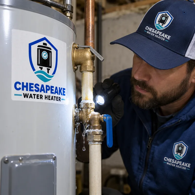 Water heater relief valve, shutoff valve, and piping being inspected for a small active leak