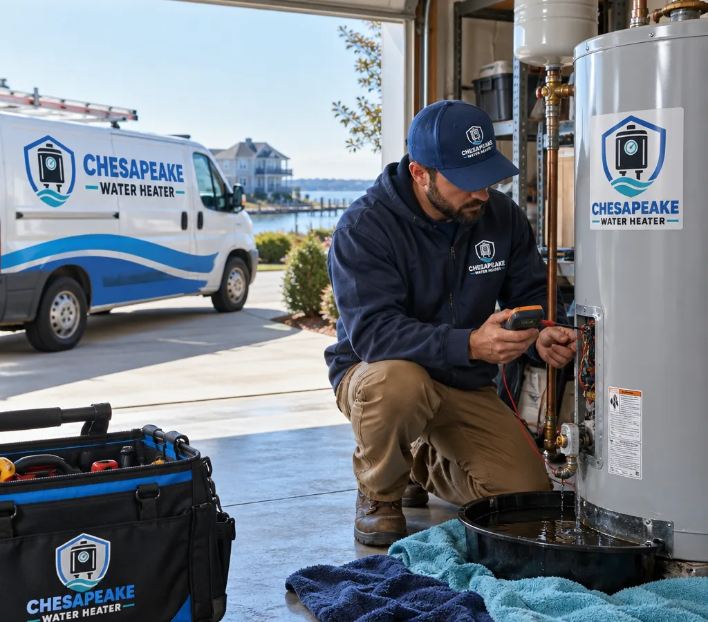 Technician inspecting a residential water heater in a Virginia Beach utility space during an emergency call
