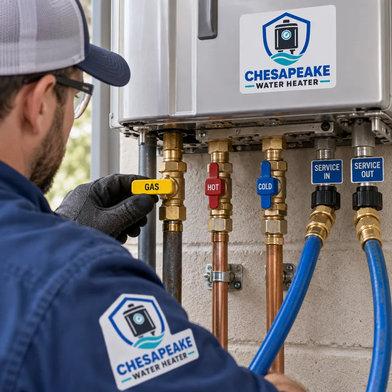 Tankless water heater gas shutoff, water isolation valves, and labeled service ports used for flushing and descaling