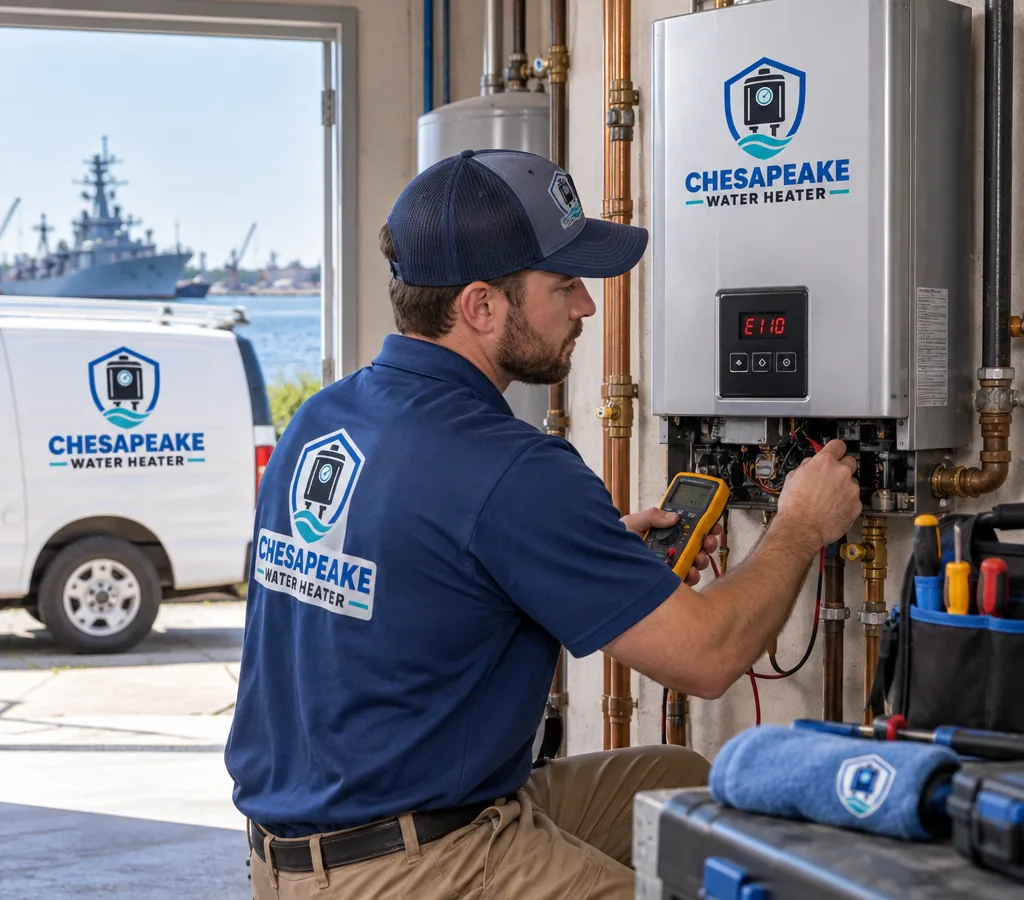 Technician diagnosing a wall-hung tankless water heater in a Portsmouth-area utility room with an error code and diagnostic tools visible