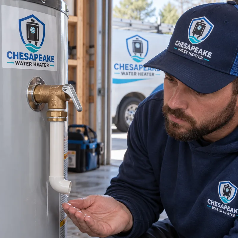 Close-up of a water heater temperature and pressure relief valve and discharge pipe being checked for active discharge