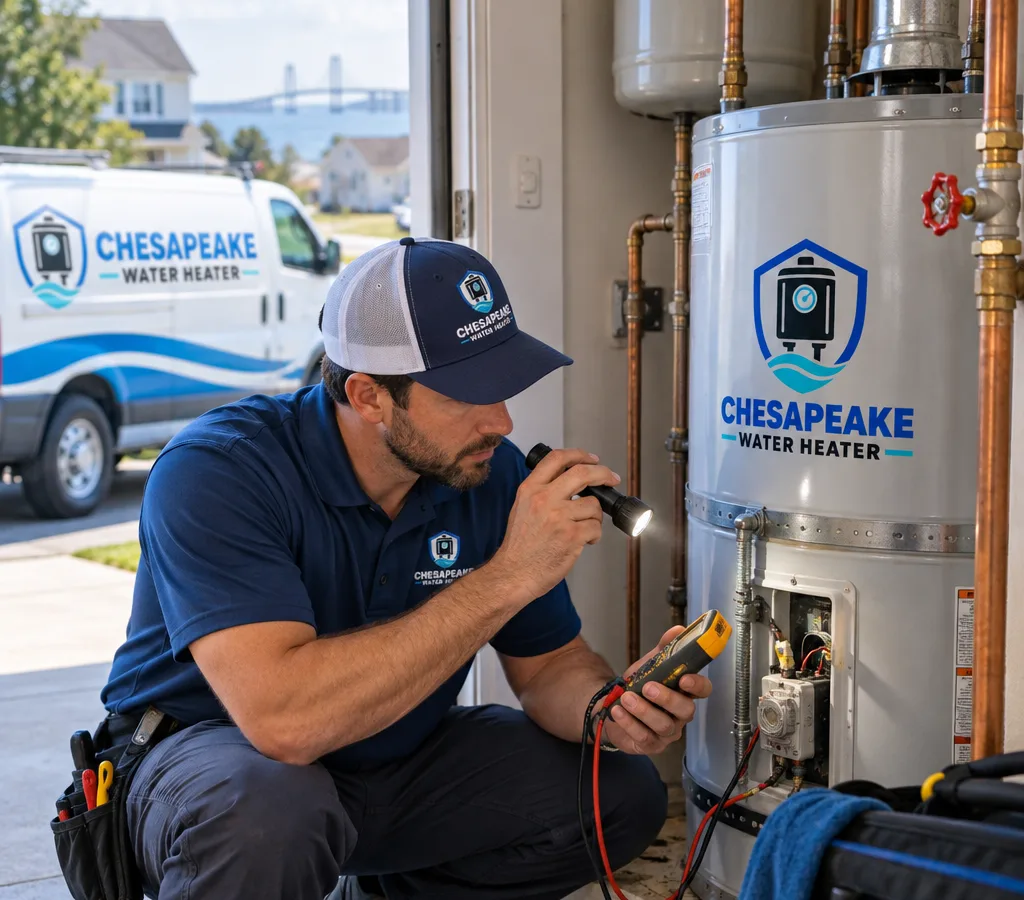 Technician inspecting a residential tank water heater with a flashlight and multimeter beside visible shutoff valves and piping