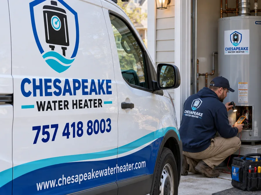 Technician inspecting a water heater access panel with diagnostic tools