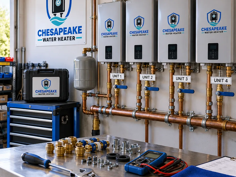 Organized parts and diagnostic tools laid out near a staged multi-unit tankless manifold with labeled shutoffs for each unit